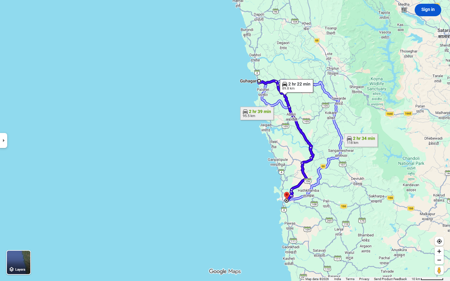 Road detour map for Jaigad - Tawsal