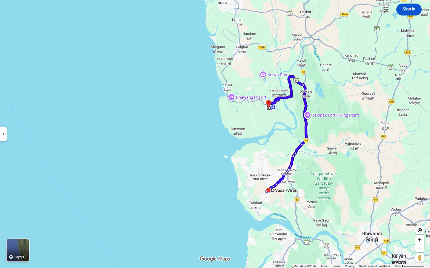 Road detour map for Virar - Saphale (Jalsar)